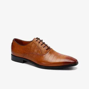 高品质原装正式棕色牛皮办公室牛津男士尖头礼服鞋