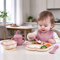Ensemble de 6 pièces d'accessoires d'alimentation en silicone pour bébé : assiette compartimentée, bol à ventouse, cuillère, fourchette, tasse à bec, bavoir et vaisselle