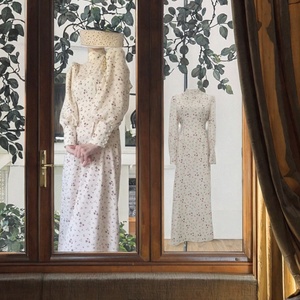 Nuevo Vestido Floral Holgado con Cordones, Manga Larga, Estilo Casual de Ganchillo, Tejido Transpirable de Estambre, Corte Imperio, Liso, Verano, No Tejido - Product Image 3