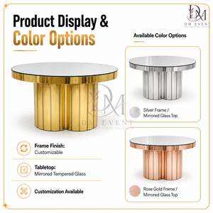 Table de banquet ronde en acier inoxydable doré avec base en colonne festonnée et plateau en verre trempé miroir, vente en gros - Product Image 5