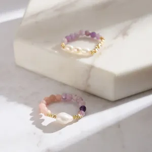 Vente en gros de bagues en perles d'eau douce naturelles + mica violet, bijoux en pierres naturelles, bagues en argent sterling 925, bijoux plaqués or pour femmes - Product Image 4
