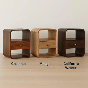 Mesita de noche curva de madera de mango, mesita de noche moderna y redondeada con almacenamiento, acabado en madera de mango natural, 2 compartimentos abiertos - Product Image 2