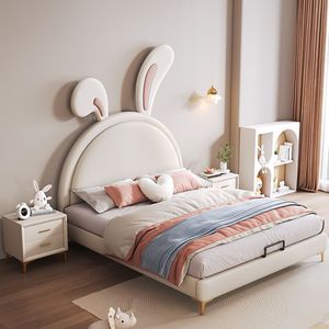 Tempat Tidur Anak Perempuan Modern dengan Telinga Kelinci Lucu, Tempat Tidur Putri Berlapis Kain Krem dengan Laci - Product Image 5