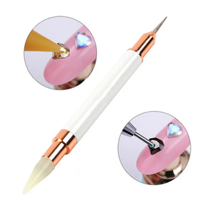 Stylo à cire double embout avec manche en métal blanc et strass, pince à strass, pinceau acrylique, outil de pointillage pour nail art, logo personnalisé - Product Image 2