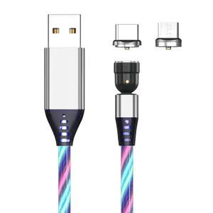 Usb Cable Phone Luminous Magnetic Charging Usb Cable 540 Degree Led Flowing 2.4A Mobile Phone Charger 3 In 1 Micro USB C Cable 1M 2M Free Logo