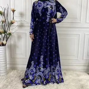 Oriente Medio las mujeres alta calidad tela de gamuza impreso manga larga abaya vestido bordado musulmán y islámico señoras kaftan estilo