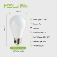 Bombilla LED A60 de 9W, E27/B22, 6500K, Luz Diurna, 12V/85V, SMD 2835, Lámpara de Ahorro de Energía para Iluminación del Hogar y Hoteles