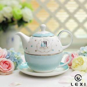 Elegante Juego de <span class=keywords><strong>Tetera</strong></span> <span class=keywords><strong>y</strong></span> Taza de Porcelana con Rayas Turquesa <span class=keywords><strong>y</strong></span> Borde Dorado, Juego de Té de Porcelana Fina para Regalo de Té de la Tarde - Product Image 1