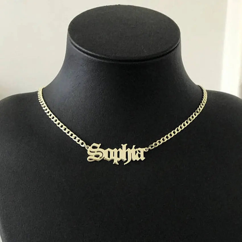 Curb Chain Choker Custom Name Pendant Necklace Personalized Jewelry Old English Font Long Necklace