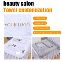 Ensemble de linge de lit pour salon de beauté en microfibre gaufrée grise avec logo brodé or personnalisé, kit de serviettes pour table de massage