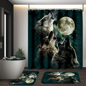 Juego de Cortina de Ducha de Poliéster con Estampado de Lobo <span class=keywords><strong>Husky</strong></span> de Muyu Wholesale, 4 Piezas, Impermeable, Ecológico, Decoración para Baño, Alfombrillas Antideslizantes para Inodoro - Product Image 2