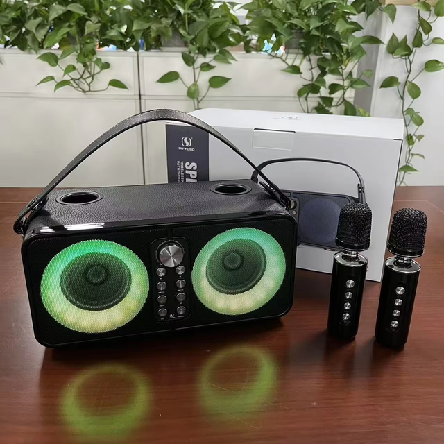YS607 Wood Karaoke Machine Dual Wireless UHF Mic Desktop Karaoke Speaker Vocal Cut Tone Change Function