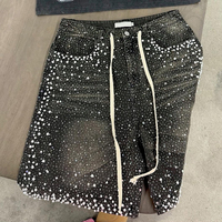 Shorts en jean pour hommes, style streetwear d'été, personnalisés, effet vintage, imprimés sur toute la surface, avec strass, jorts