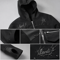 Veste de rue à capuche noire minimaliste en cuir PU pour homme, en cuir végétalien, OEM ODM, vente en gros, logo personnalisé, vêtements d'extérieur