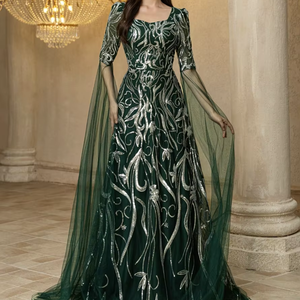 <span class=keywords><strong>Vestido</strong></span> de Noche de Lujo para Mujer, Estilo Vintage, Color <span class=keywords><strong>Verde</strong></span> <span class=keywords><strong>Esmeralda</strong></span>, Corte en A, con Mangas Transparentes y Escote Corazón, Adornado con Lentejuelas Bordadas - Product Image 1