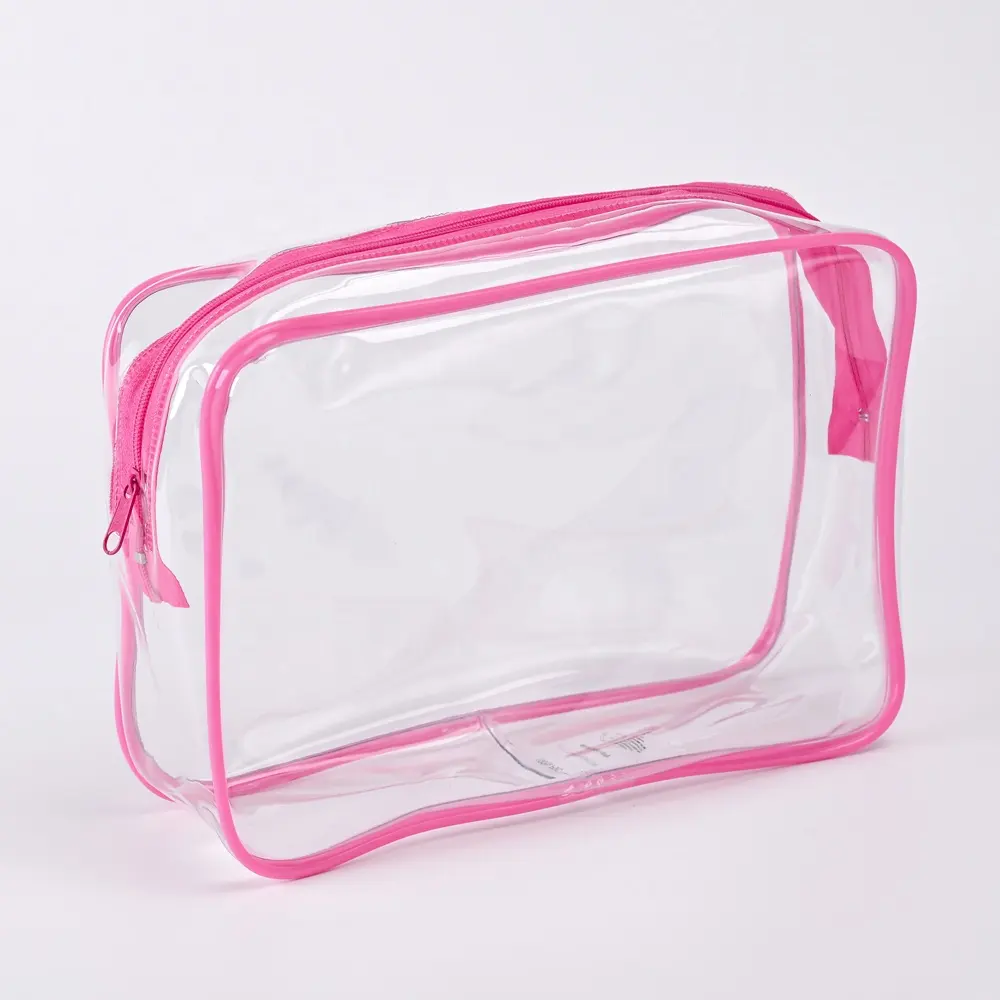 Waterproof Clear Pvc Jelly Cosmetic Zipper Bag Makeup Pouch Travel Beauty Pvc Cosmetic Toiletry Bags With Pink Piping Zipper