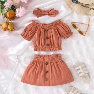 Atacado de Alta Qualidade Toddler Girl Clothes manga curta blusa saia set tops + saias + hairband 3 peças Outfits Sets