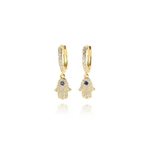 Foxi jewellery Cubic Zirconia Hand Hamsa Earrings Hoop 18K Gold Plated Hoop Earrings