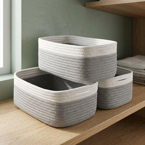 Modern Cotton Rope Storage <b>Baskets</b> Rectangle <b>Stackable</b> Nordic Style Multi-Purpose Neatening Organizers Gray White - Product Image 3