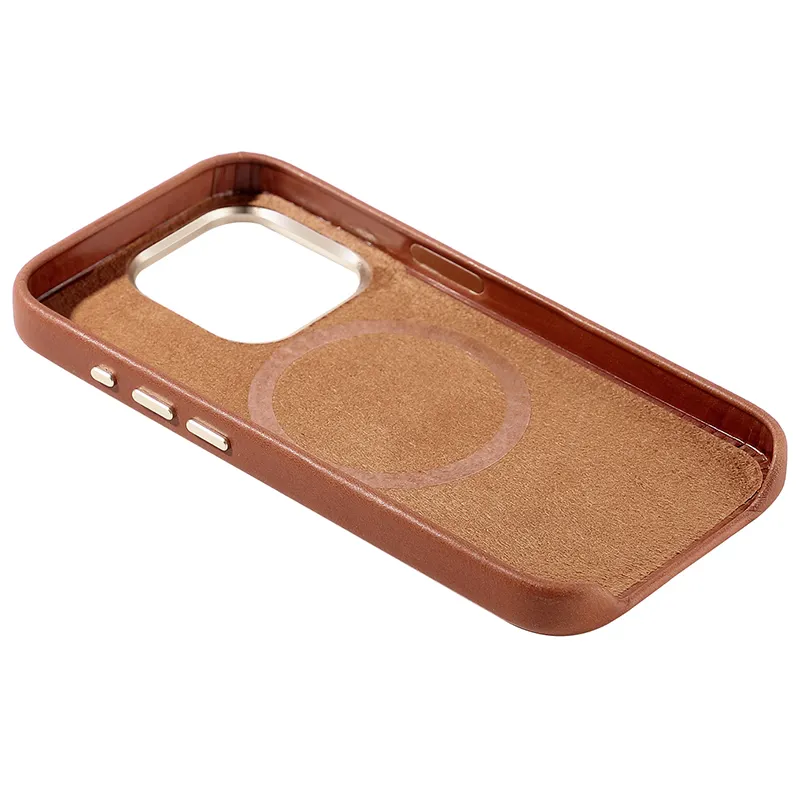 Moda a prueba de golpes Botones de metal Cera de aceite Genuino Becerro Cuero Magnético Funda de teléfono para iPhone 15 Pro