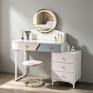 Modern <b>Makeup</b> <b>Vanity</b> With Lighted Round <b>Mirror</b> Storage Drawers Bedroom Dressing Table With Stool - Product Image 1