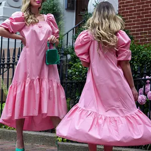 时尚甜美方领粉扑袖粉色蓬松女装夏季a线百褶褶边宽松女装长裙