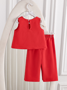 Set di Pantaloni per <span class=keywords><strong>Bambina</strong></span>, Elegante e alla Moda, Rosso Tinta Unita, Senza Maniche con Fiocco, Morbido 100% Poliestere - Product Image 2