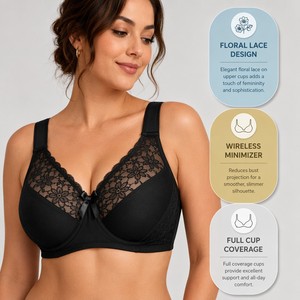 Sujetador Minimizador Talla Grande <span class=keywords><strong>Copa</strong></span> 3/4 con Aros, Encaje, Lazo, Tirantes Acolchados, Soporte Trasero Sin Costuras, Transpirable, Extra Confort para Busto Grande - Product Image 2