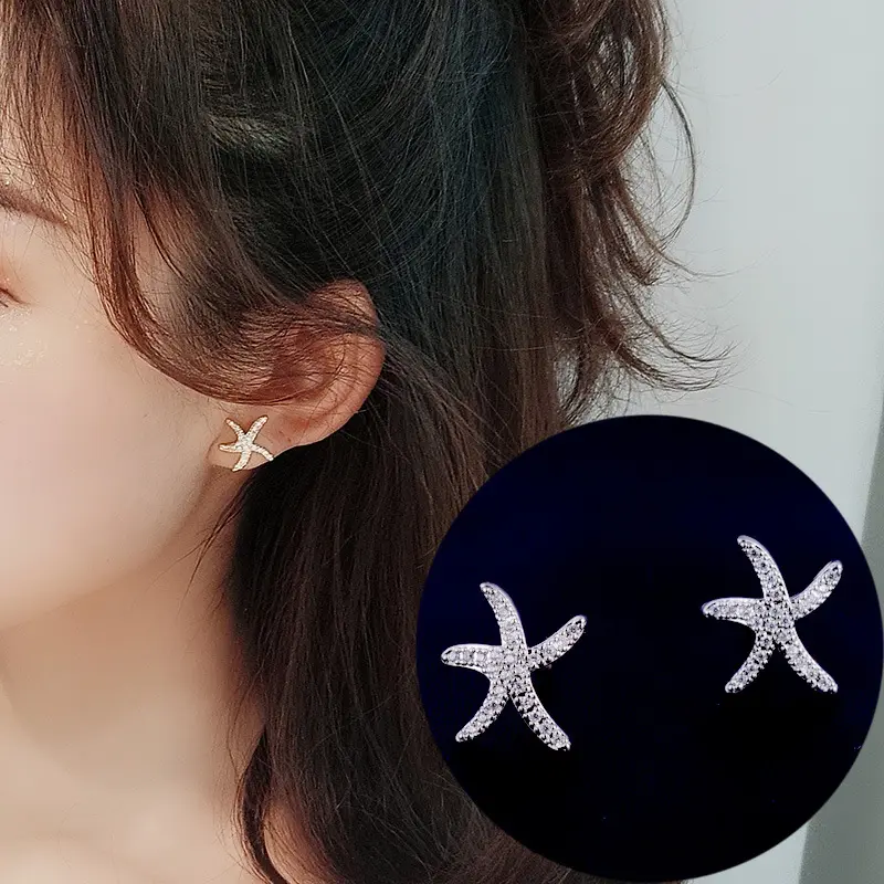 Zircon S925 Silver Needle Personal Ear Ornaments with Starfish Ear Nails