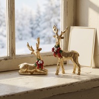 Ensemble de figurines de cerfs en résine de Noël, 2 pièces, statue de rennes dorés avec ornement de baies et nœud, décoration de table de Noël pour la maison et les fêtes