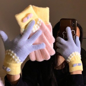 Gants en tricot jacquard en peluche bleue, longueur poignet, cinq doigts, pour femmes, hiver, chauds, mignons, doublés de polaire, épais, cyclisme, anti-froid - Product Image 3