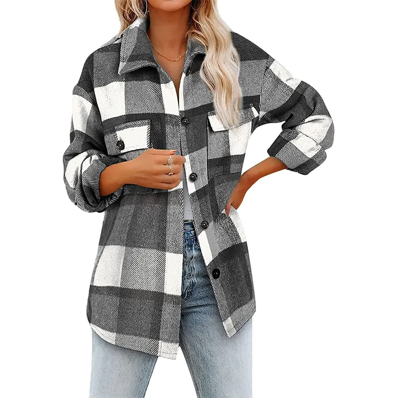 New Design Womens Casual Plaid Flannel Shacket Jacket Cotton Casual Plaid Short Sleeve Shirts
