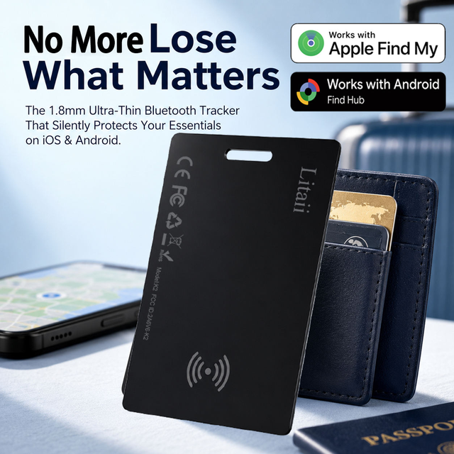 Thin Smart GPS Tracker Card for Wallet Bag & Pet-iOS/Android Compatible 50M Range Real-Time Positioning APP Control Anti-Loss