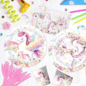 Décorations d'anniversaire licorne arc-en-ciel, vaisselle pour fête licorne pour fille, assiettes et serviettes licorne, gobelets pastel - Product Image 4