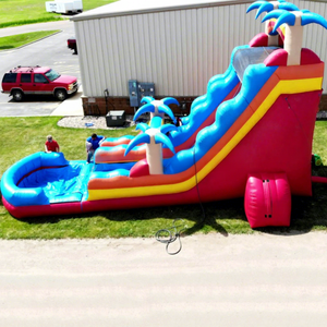 Toboggan aquatique gonflable géant pour enfants, avec château gonflable et glissière tropicale. - Product Image 1