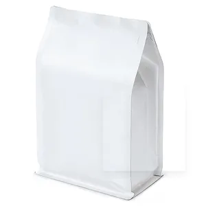 Bolsa de café de fondo plano de papel Kraft blanco de 16 oz con válvula de desgasificación unidireccional y cremallera lateral reutilizable