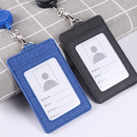 Dompet kulit Pu, dompet kulit Pu, tempat kartu ID bisnis, dengan tali leher, kalung Lanyard