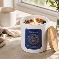 Pot à bougie en verre blanc avec couvercle en bambou 8oz 12oz, récipient vide, motif botanique bleu personnalisé, idéal pour les boutiques de cadeaux en cristal