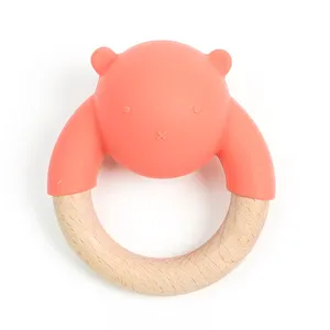 Factory Custom Free Bpa Food Grade Silicone With Beech Wood Animal Bear Shape Rattle Teether For Baby