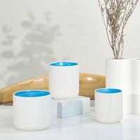 Pot à bougie en céramique blanc mat YBH, intérieur émaillé bleu, récipient vide, vente en gros, logo et couleur personnalisés, forme cylindrique