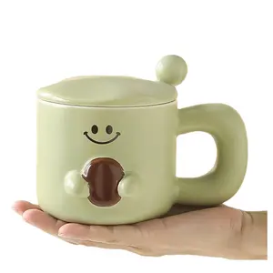 Solhui japonés en relieve lindos granos de café taza de café de cerámica con tapa y cuchara regalo creativo taza de agua