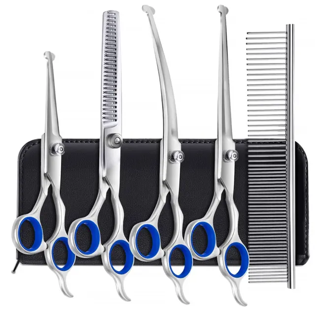 6 in 1 4CR Stainless Steel professional pet grooming scissors set tool 7.5 thinning straight scissor with Safety Round Tip