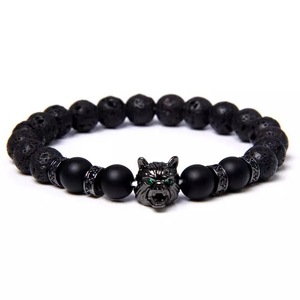 Bracciale da uomo alla moda con perline da 8 mm in occhio di <span class=keywords><strong>tigre</strong></span> blu-verde, design a testa di lupo, in pietra vulcanica naturale con cordino elastico - Product Image 5