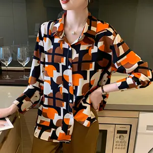 Wholesale Elegant Versatile Fresh Tops Hot New Shirt Geometric Pattern Printed Long Sleeve Blouse