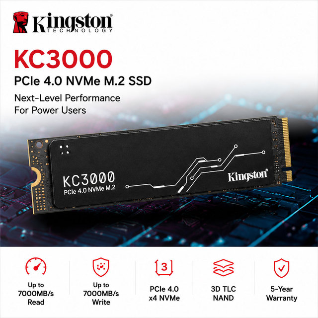 Kingston M2 Interface NVMe Protocol PCIe 4.0 Compatible 7000/6000 MB/s Read/Write 3D TLC NAND Desktop Laptop SSD KC3000