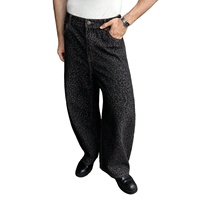 Jean en denim décontracté pour homme, coupe large, imprimé léopard, broderie ours, délavage moyen, taille mi-haute, tissé