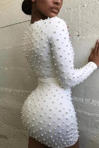 Delle signore di Perle <span class=keywords><strong>In</strong></span> Rilievo Bianco del Vestito Dalla Fasciatura Club vestito A Maniche Lunghe Aderente Mini Vestito Dalla Fasciatura - Product Image 2