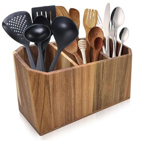 Support à ustensiles de cuisine sur mesure en bois d'acacia pour comptoir, organisateur d'ustensiles à bords biseautés, style rustique et campagnard - Product Image 1