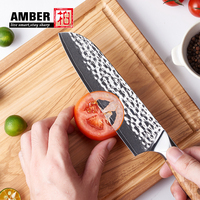 Ensemble de Couteaux de Chef Professionnels en Acier Damas VG10 Ambre, Lame Effet Marteau Miroir avec Manche en Bois d'Olivier