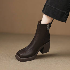 Botines de Piel Auténtica de Moda Retro Francesa Otoño Invierno 2025, con Plataforma Gruesa y Tacón Alto, Sin Cordones - Product Image 6